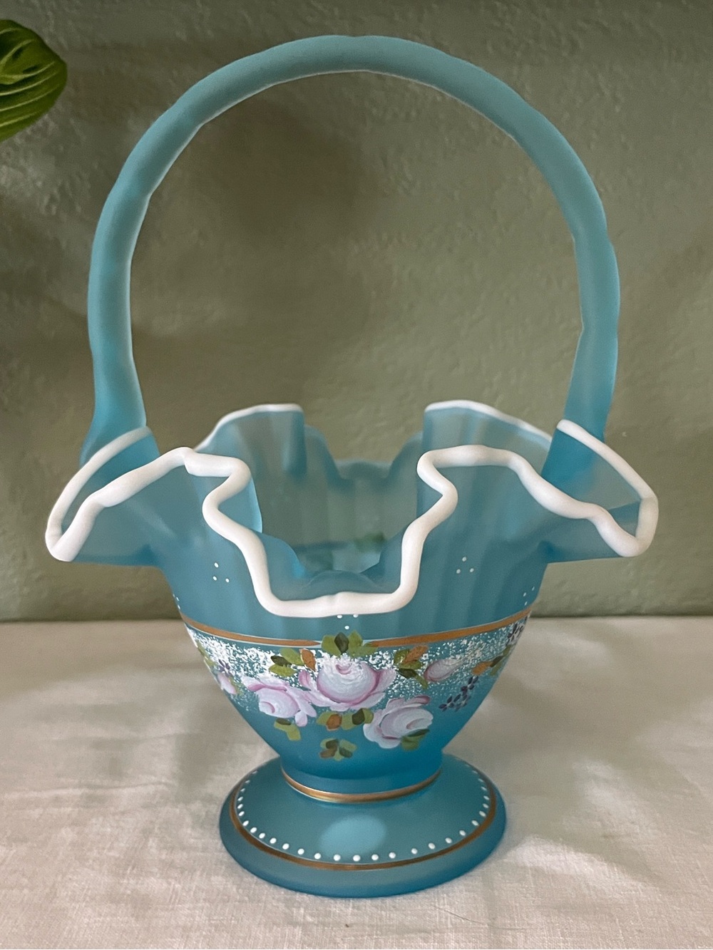 Fenton Charleton Collection 2002 Blue Satin Floral Basket Bill Fenton Signed